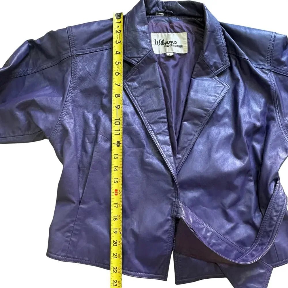 Vintage 80’s Wilsons Leather Women’s Purple Cropped Waist Jacket Tie Belt Large - Picture 9 of 9